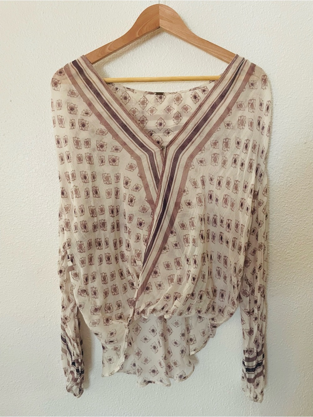 Free People FP One Border Printed Peasant Top Sheer Beige High Low Size Large